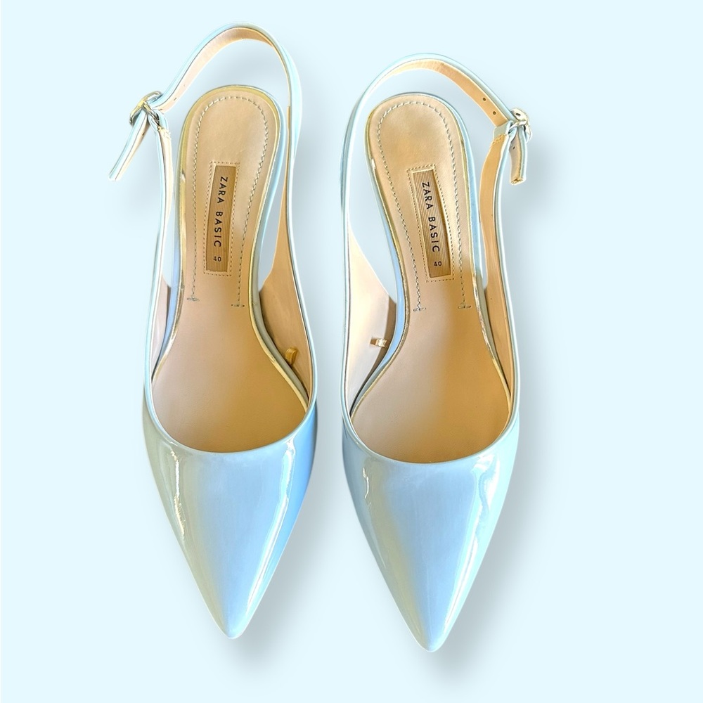 ZARA Basic Sky Blue Patent Slingback Heels Women’s 40 Pointed Toe Kitten Pumps